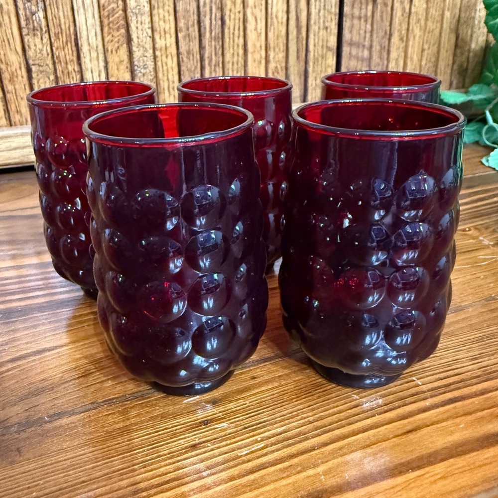 Anchor Hocking Ruby Red Bubble Textured Drinking Juice Glasses 5pc Retro